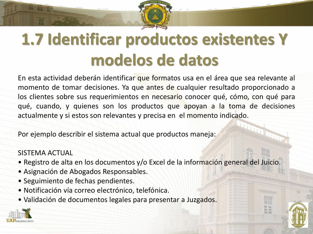 1.7 Identificar productos existentes Y modelos de datos