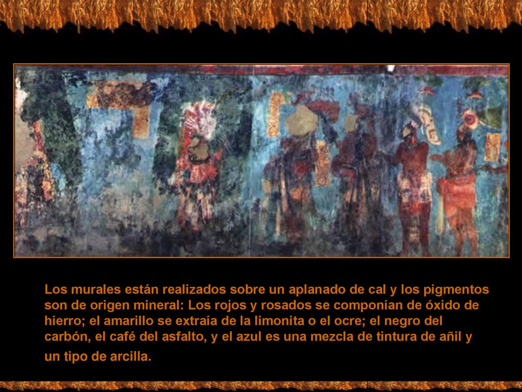 Los murales están realizados sobre un aplanado de cal y los pigmentos son de origen mineral: Los rojos y rosados se componían de óxido de hierro; el amarillo se extraía de la limonita o el ocre; el negro del carbón, el café del asfalto, y el azul es una mezcla de tintura de añil y un tipo de arcilla.