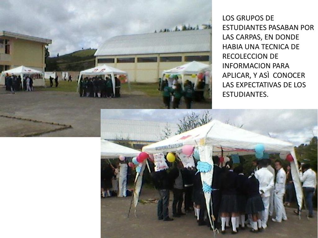 LOS GRUPOS DE ESTUDIANTES PASABAN POR LAS CARPAS, EN DONDE HABIA UNA TECNICA DE RECOLECCION DE INFORMACION PARA APLICAR, Y ASÌ CONOCER LAS EXPECTATIVAS DE LOS ESTUDIANTES.
