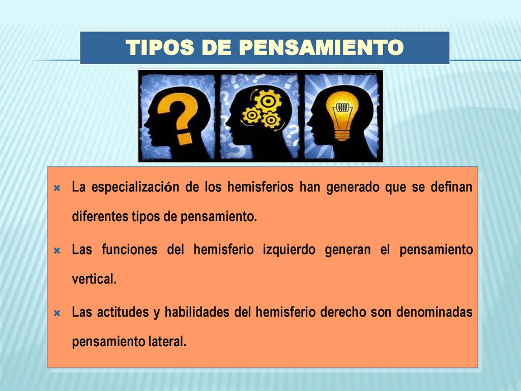 TIPOS DE PENSAMIENTO La especialización de los hemisferios han generado que se definan diferentes tipos de pensamiento.