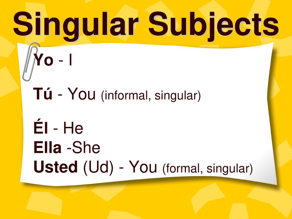 Singular Subjects Yo - I Tú - You (informal, singular) Él - He