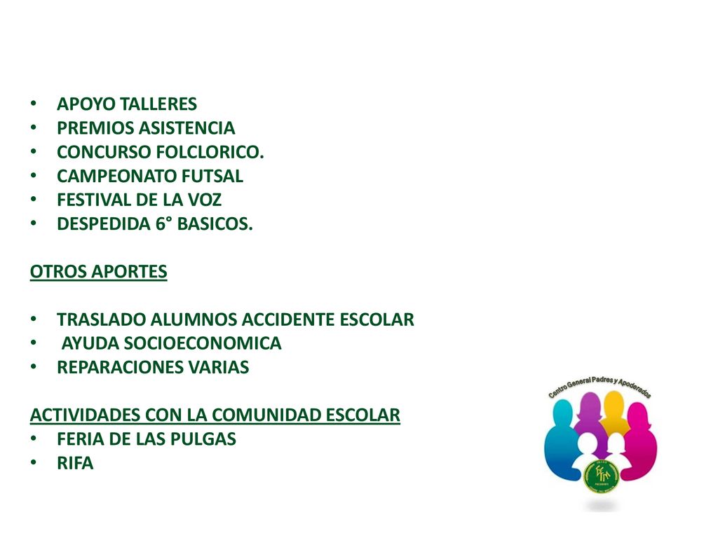 APOYO TALLERES PREMIOS ASISTENCIA. CONCURSO FOLCLORICO. CAMPEONATO FUTSAL. FESTIVAL DE LA VOZ. DESPEDIDA 6° BASICOS.