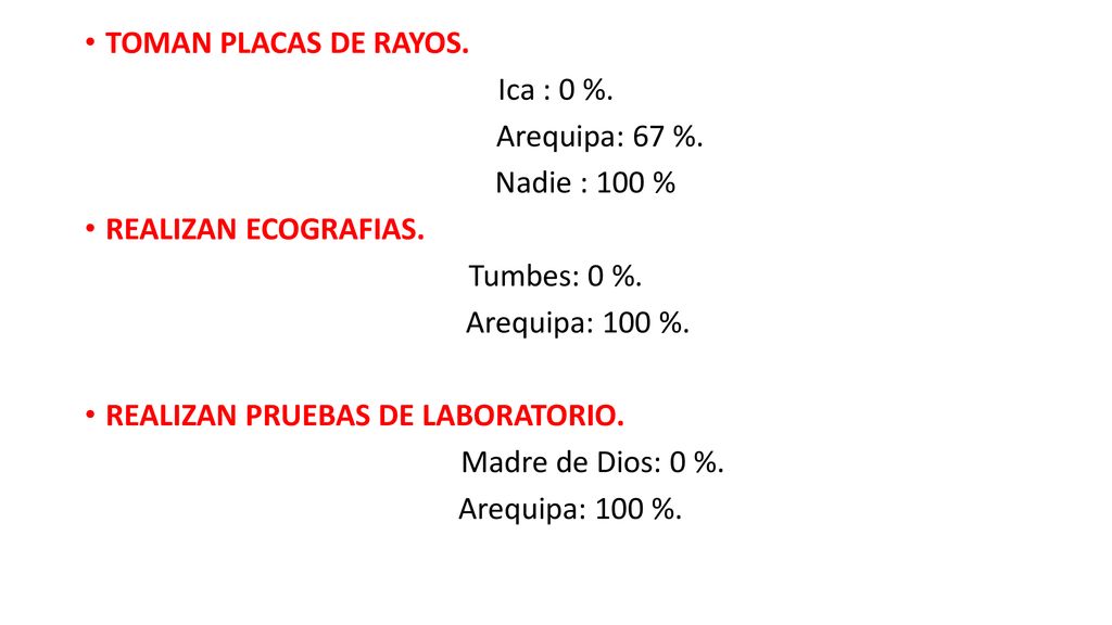 TOMAN PLACAS DE RAYOS. Ica : 0 %. Arequipa: 67 %. Nadie : 100 % REALIZAN ECOGRAFIAS. Tumbes: 0 %.