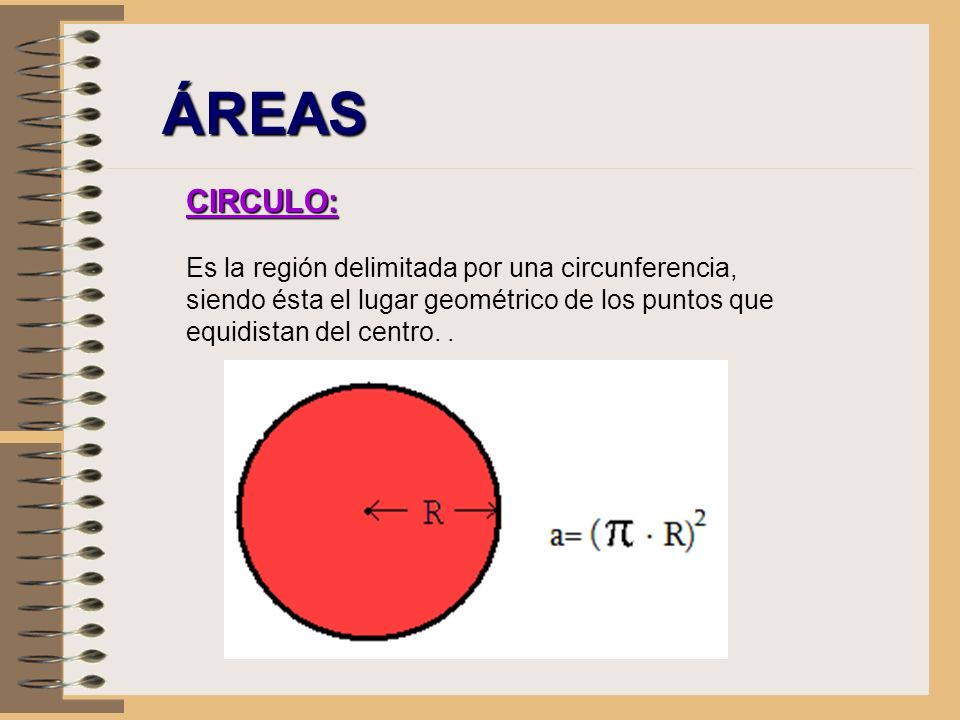 ÁREAS CIRCULO: Es la región delimitada por una circunferencia, siendo ésta el lugar geométrico de los puntos que equidistan del centro. .