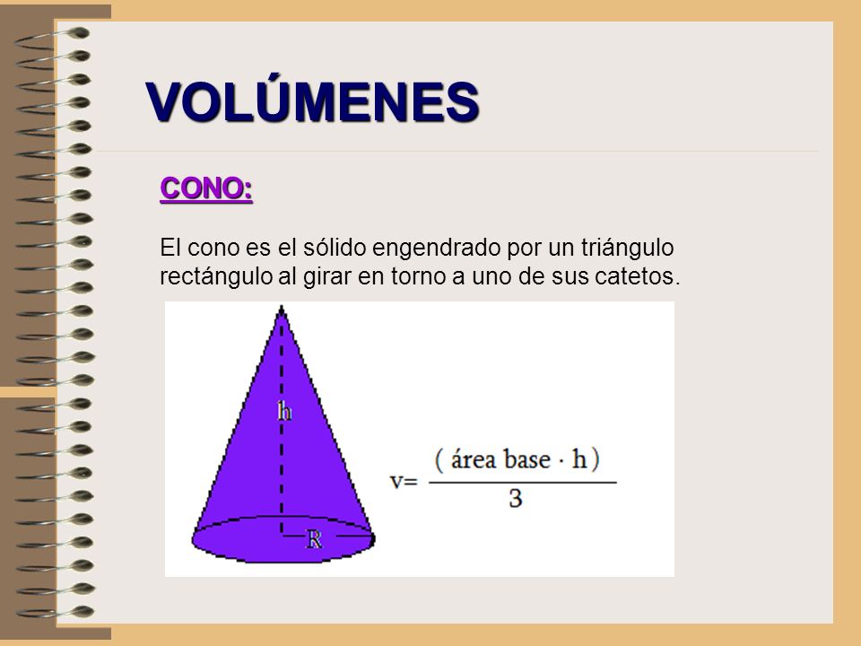 VOLÚMENES CONO: El cono es el sólido engendrado por un triángulo rectángulo al girar en torno a uno de sus catetos.