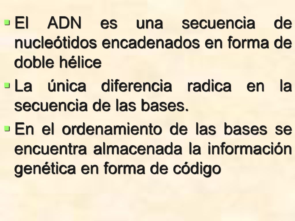 El ADN es una secuencia de nucleótidos encadenados en forma de doble hélice