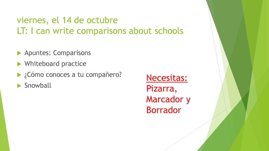 viernes, el 14 de octubre LT: I can write comparisons about schools