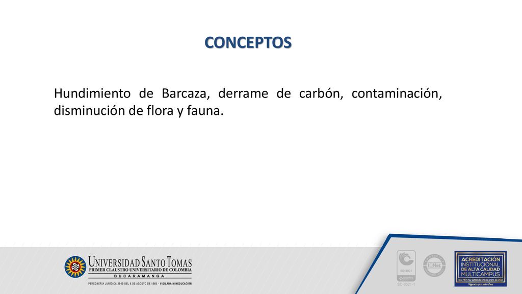 CONCEPTOS Hundimiento de Barcaza, derrame de carbón, contaminación, disminución de flora y fauna.