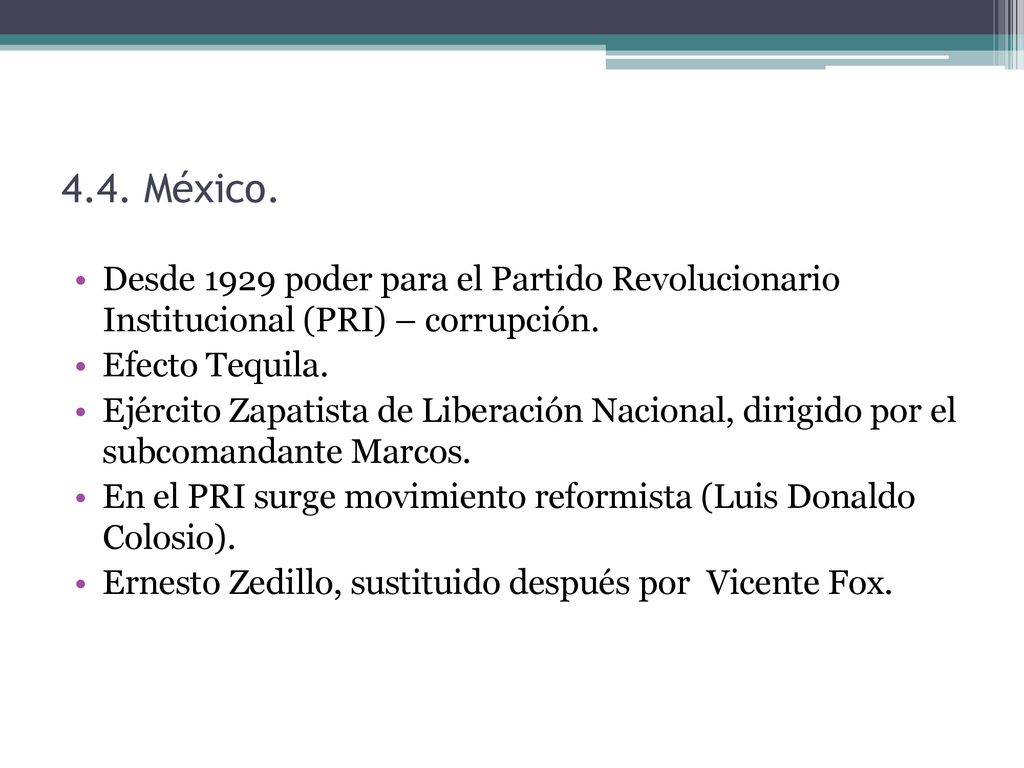 4.4. México. Desde 1929 poder para el Partido Revolucionario Institucional (PRI) – corrupción. Efecto Tequila.