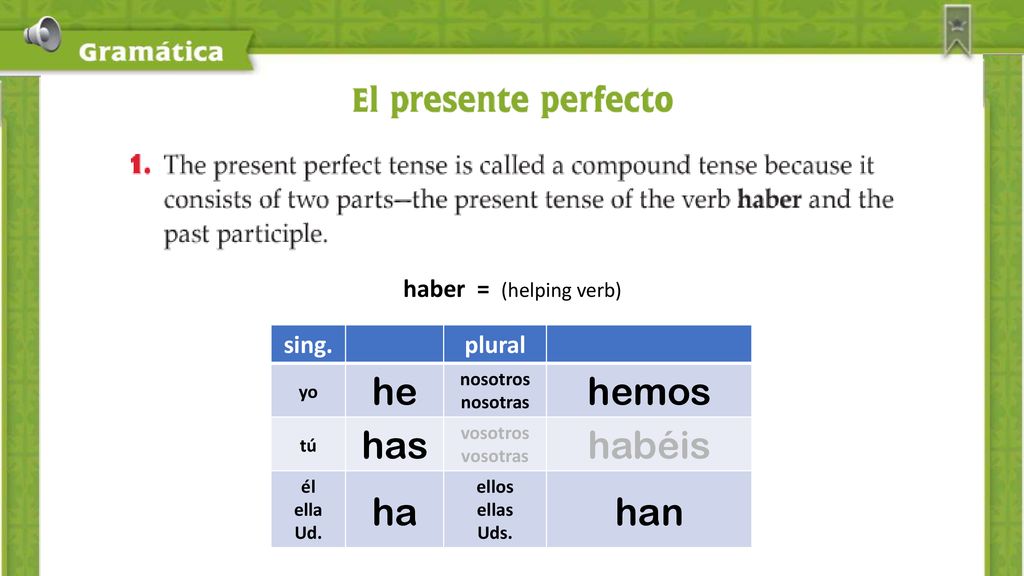 he hemos has habéis ha han haber = (helping verb) sing. plural yo
