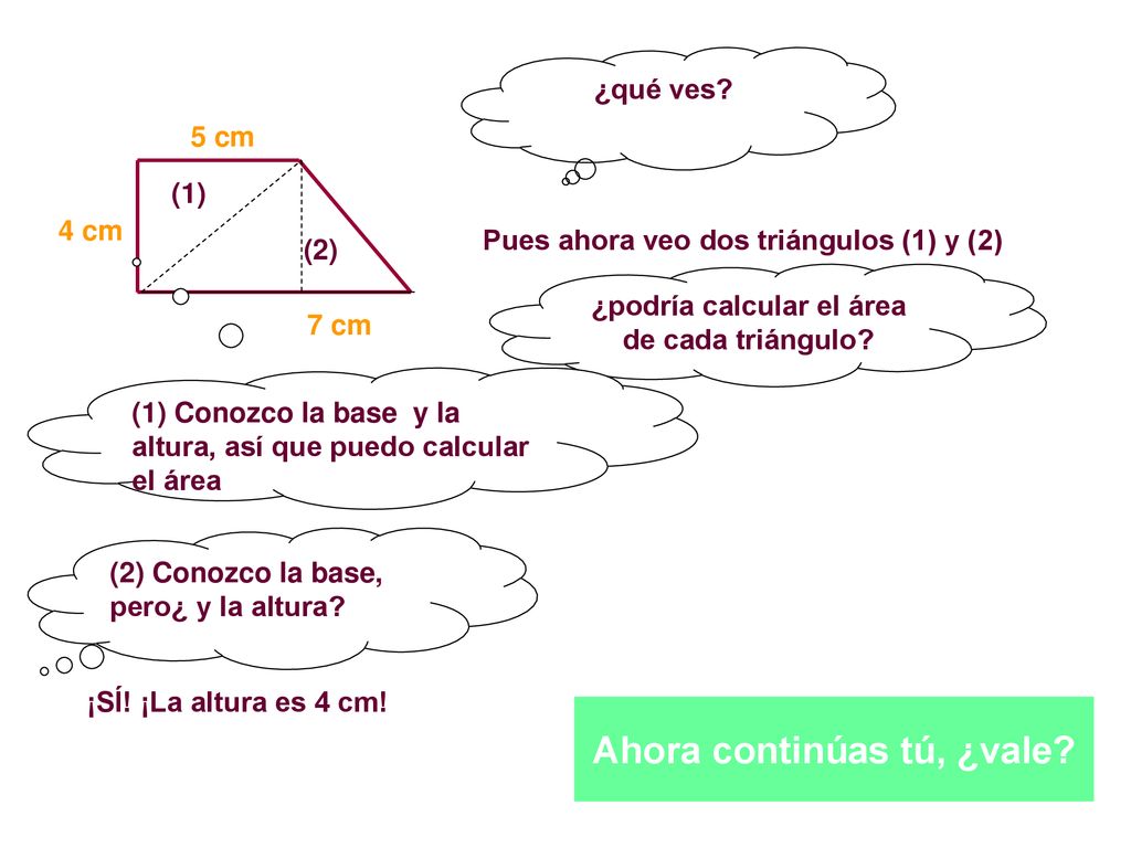 ¿podría calcular el área de cada triángulo Ahora continúas tú, ¿vale