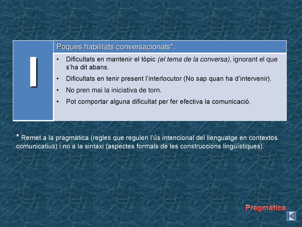 I Poques habilitats conversacionals*. Dificultats en mantenir el tòpic (el tema de la conversa), ignorant el que s’ha dit abans.
