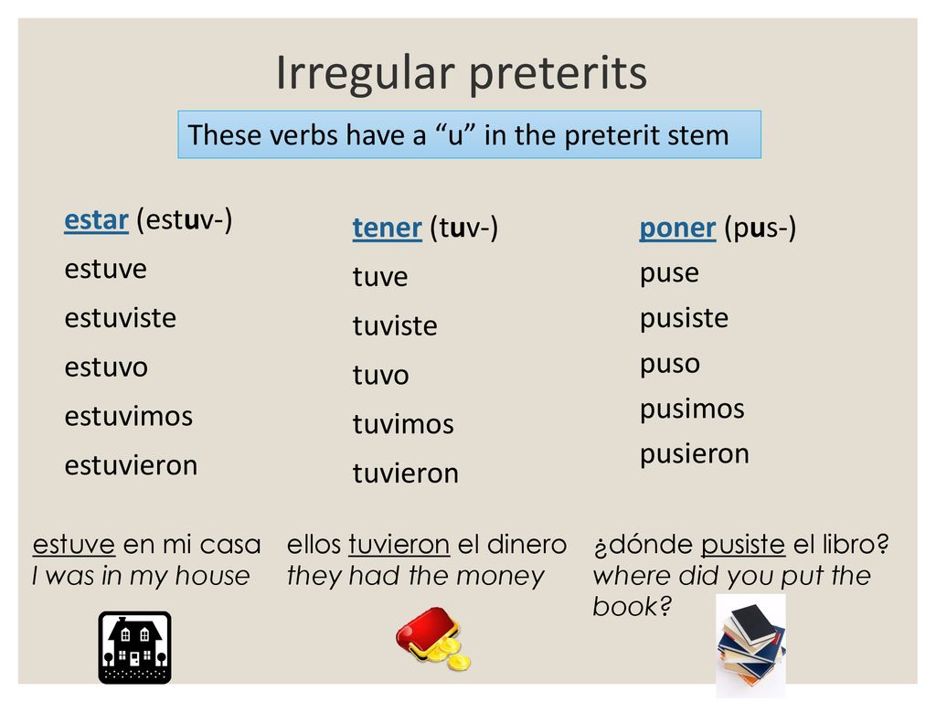 Irregular preterits These verbs have a u in the preterit stem