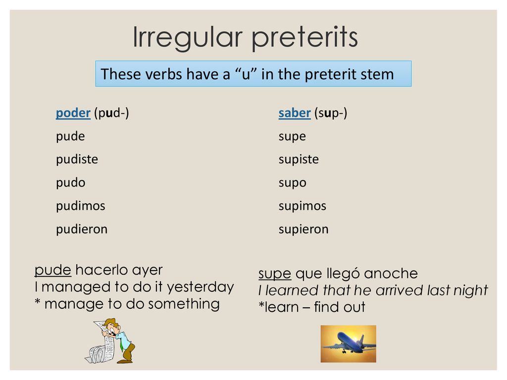 Irregular preterits These verbs have a u in the preterit stem