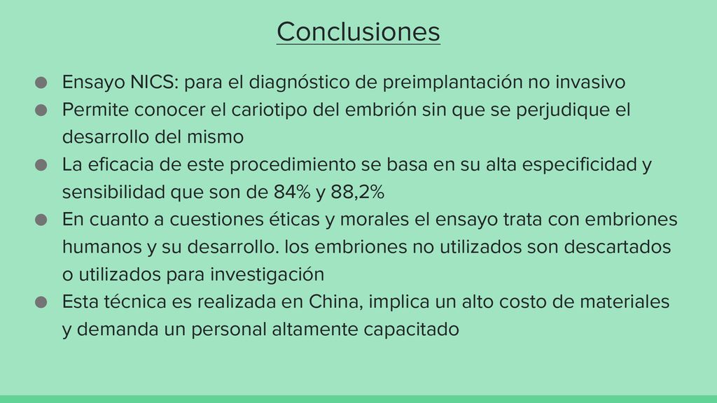Conclusiones Ensayo NICS: para el diagnóstico de preimplantación no invasivo.