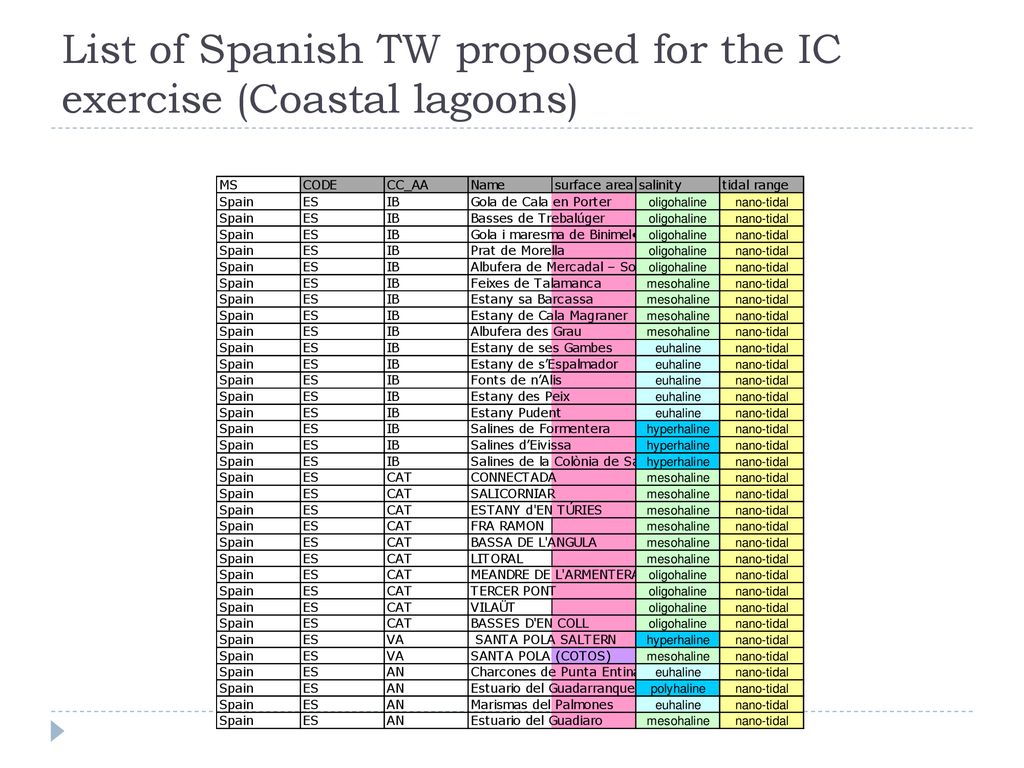 List of Spanish TW proposed for the IC exercise (Coastal lagoons)