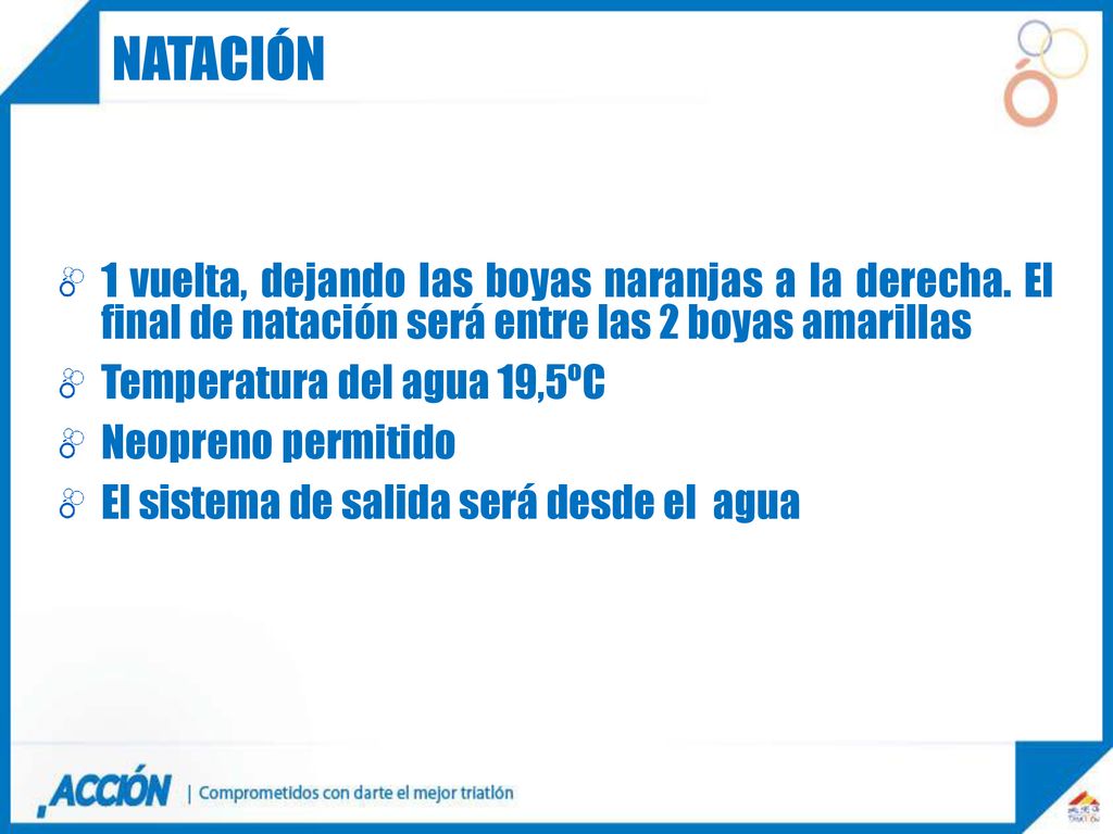 natación 1 vuelta, dejando las boyas naranjas a la derecha. El final de natación será entre las 2 boyas amarillas.