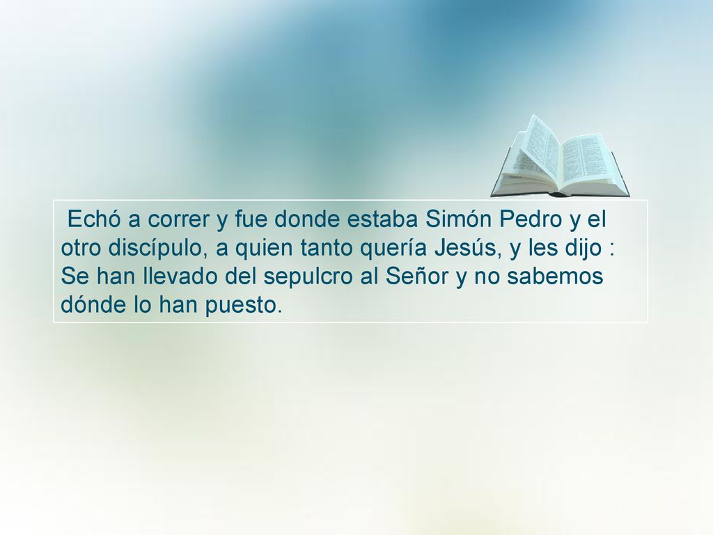 Echó a correr y fue donde estaba Simón Pedro y el otro discípulo, a quien tanto quería Jesús, y les dijo : Se han llevado del sepulcro al Señor y no sabemos dónde lo han puesto.