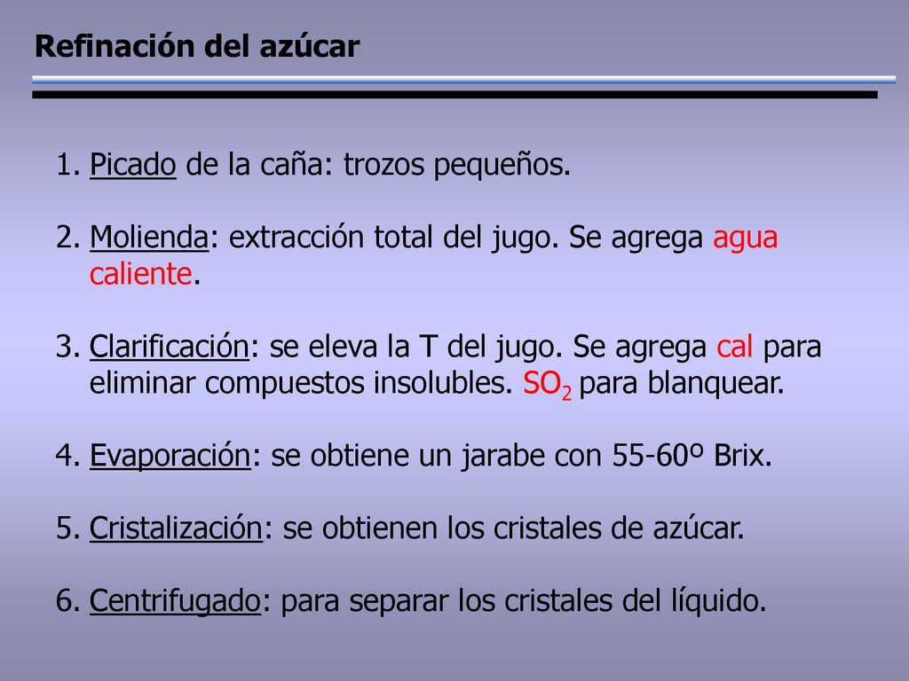 Refinación del azúcar Picado de la caña: trozos pequeños. Molienda: extracción total del jugo. Se agrega agua caliente.