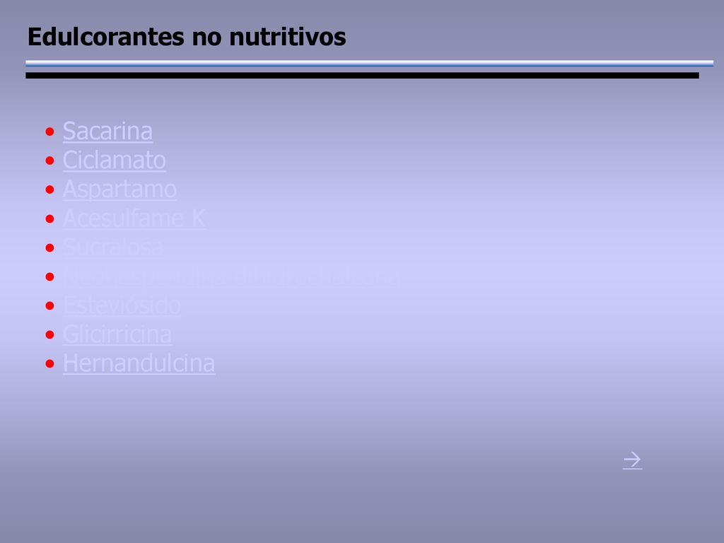  Edulcorantes no nutritivos Sacarina Ciclamato Aspartamo Acesulfame K