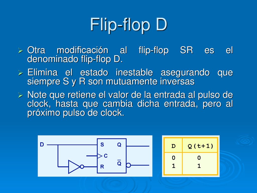 Flip-flop D Otra modificación al flip-flop SR es el denominado flip-flop D.