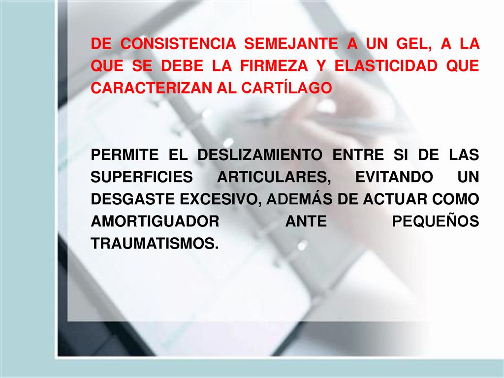 DE CONSISTENCIA SEMEJANTE A UN GEL, A LA QUE SE DEBE LA FIRMEZA Y ELASTICIDAD QUE CARACTERIZAN AL CARTÍLAGO