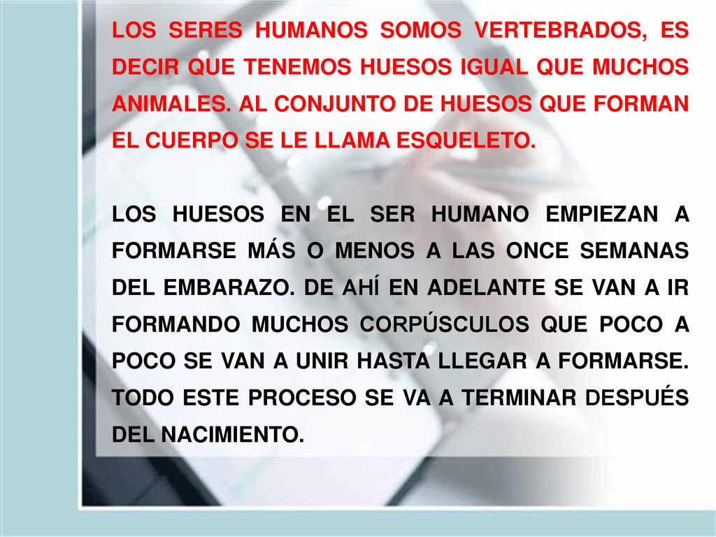 LOS SERES HUMANOS SOMOS VERTEBRADOS, ES DECIR QUE TENEMOS HUESOS IGUAL QUE MUCHOS ANIMALES. AL CONJUNTO DE HUESOS QUE FORMAN EL CUERPO SE LE LLAMA ESQUELETO.