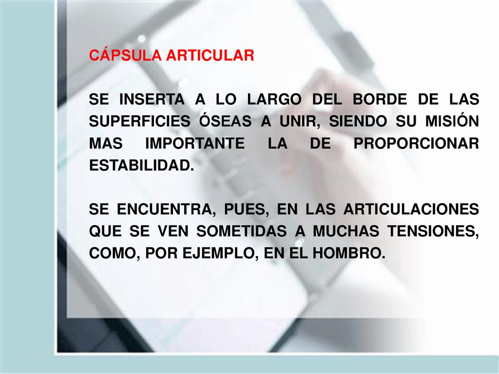 CÁPSULA ARTICULAR SE INSERTA A LO LARGO DEL BORDE DE LAS SUPERFICIES ÓSEAS A UNIR, SIENDO SU MISIÓN MAS IMPORTANTE LA DE PROPORCIONAR ESTABILIDAD.