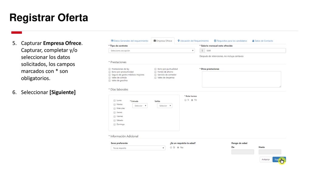 Registrar Oferta Capturar Empresa Ofrece. Capturar, completar y/o seleccionar los datos solicitados, los campos marcados con * son obligatorios.
