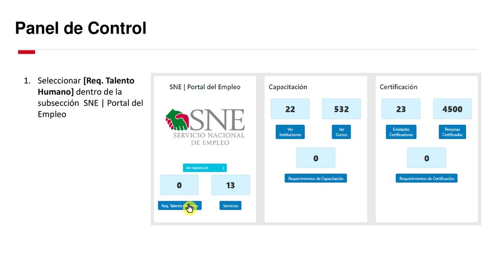Panel de Control Seleccionar [Req. Talento Humano] dentro de la subsección SNE | Portal del Empleo