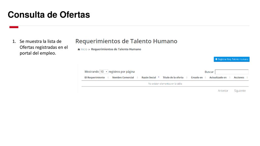 Consulta de Ofertas Se muestra la lista de Ofertas registradas en el portal del empleo.