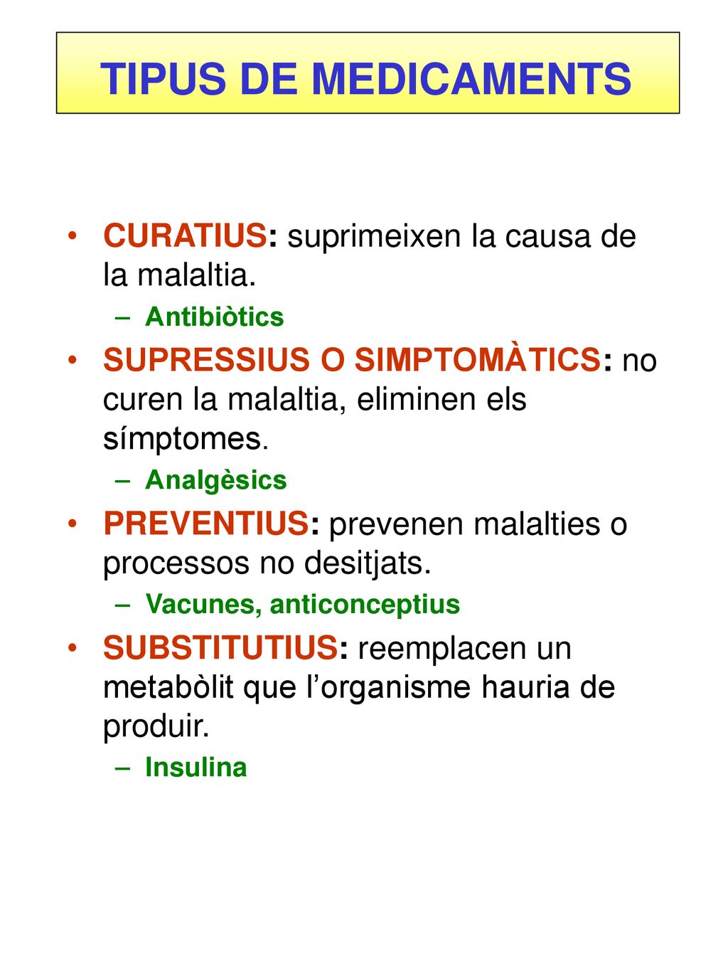 TIPUS DE MEDICAMENTS CURATIUS: suprimeixen la causa de la malaltia.