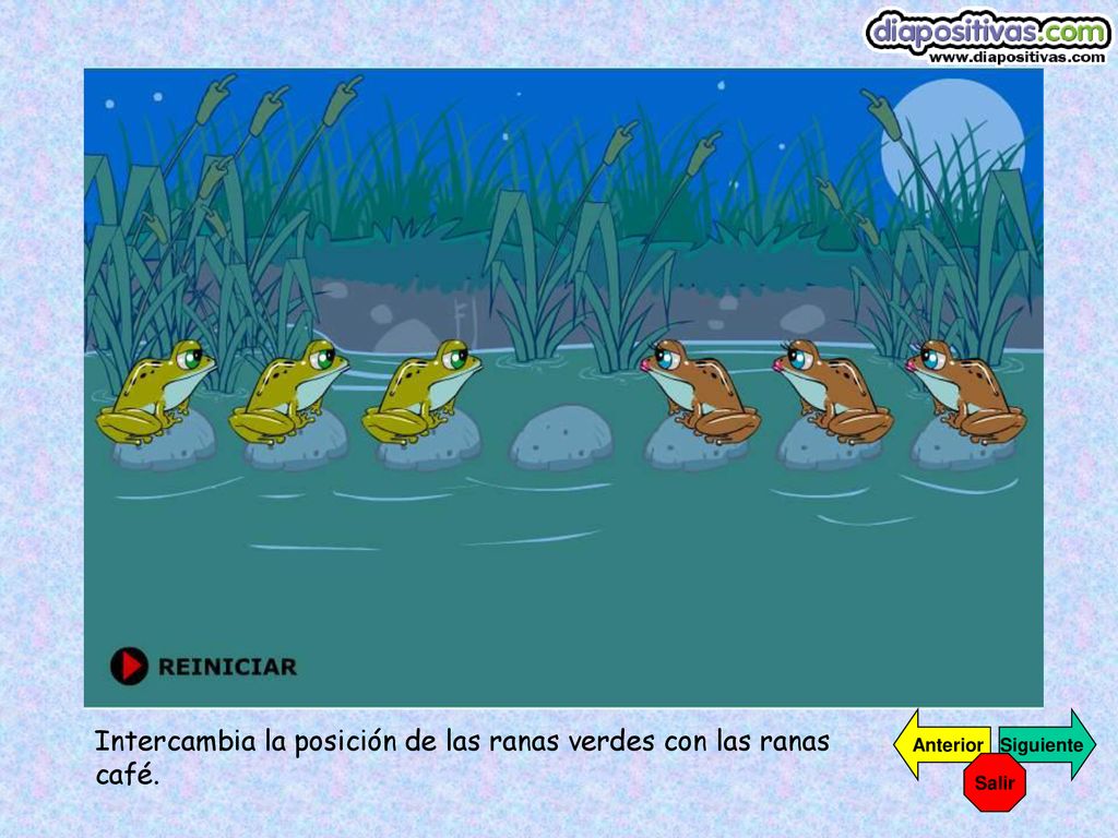 Intercambia la posición de las ranas verdes con las ranas café.