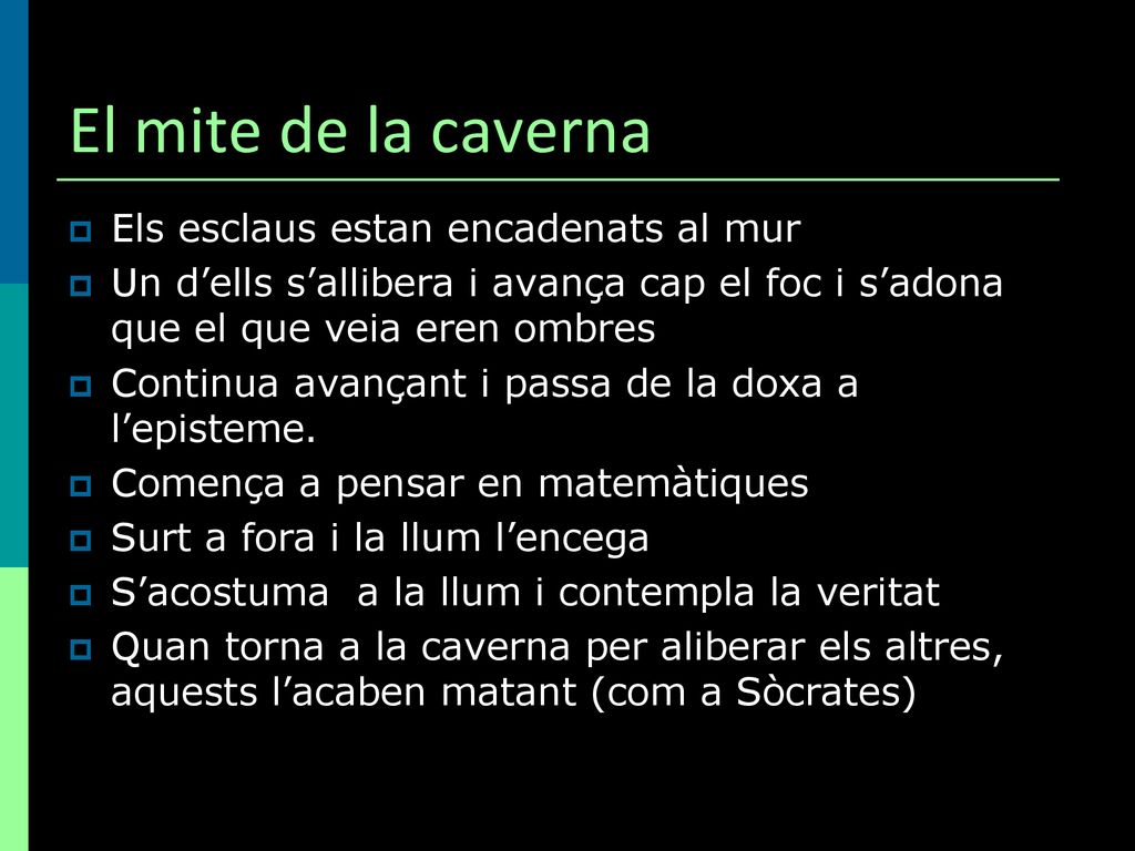 El mite de la caverna Els esclaus estan encadenats al mur