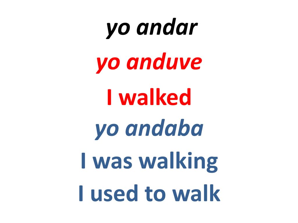 yo andar yo anduve I walked yo andaba I was walking I used to walk