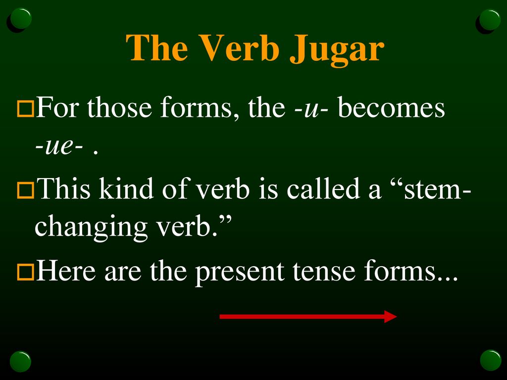 The Verb Jugar For those forms, the -u- becomes -ue- .