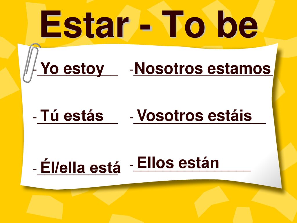 Estar - To be Yo estoy Nosotros estamos Tú estás Vosotros estáis