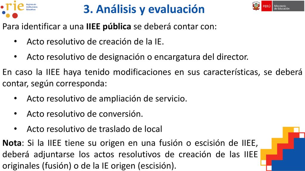 3. Análisis y evaluación Para identificar a una IIEE pública se deberá contar con: Acto resolutivo de creación de la IE.