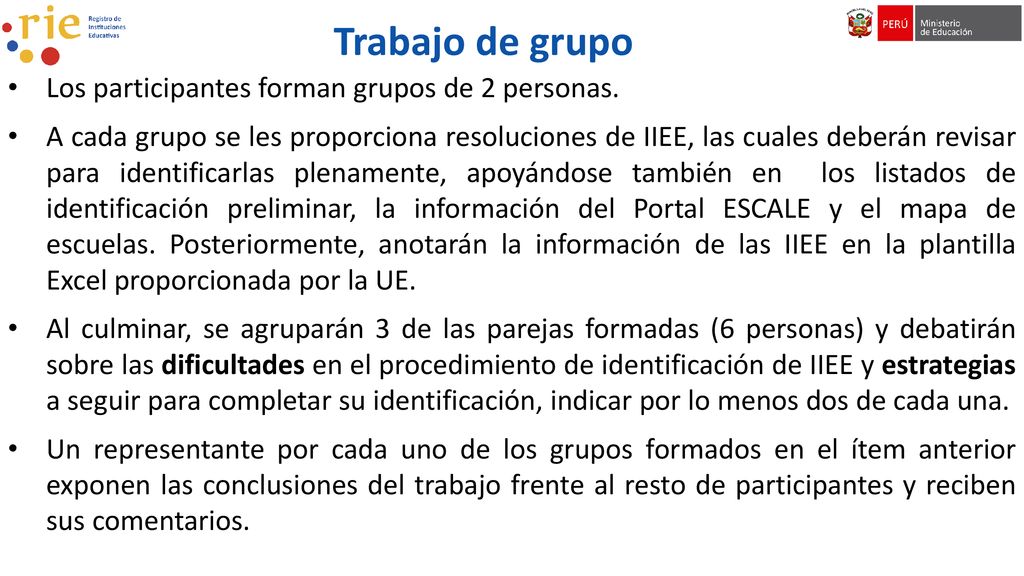 Trabajo de grupo Los participantes forman grupos de 2 personas.