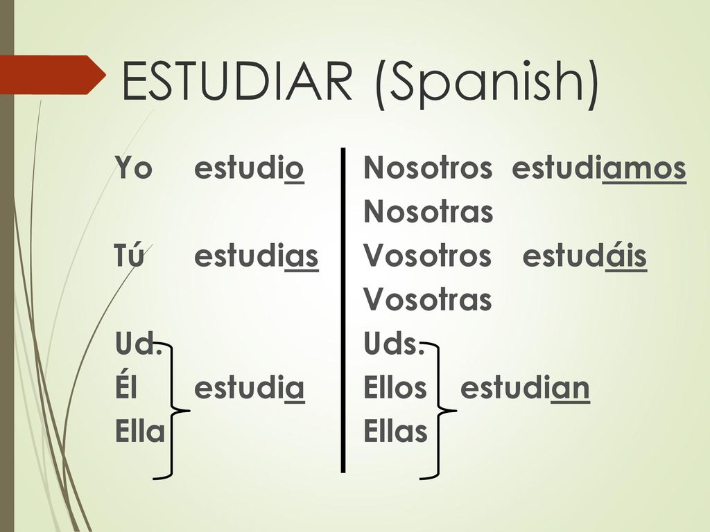 ESTUDIAR (Spanish) Yo estudio Tú estudias Ud. Él estudia Ella