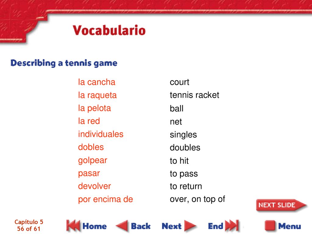 court la cancha la raqueta la pelota la red individuales dobles