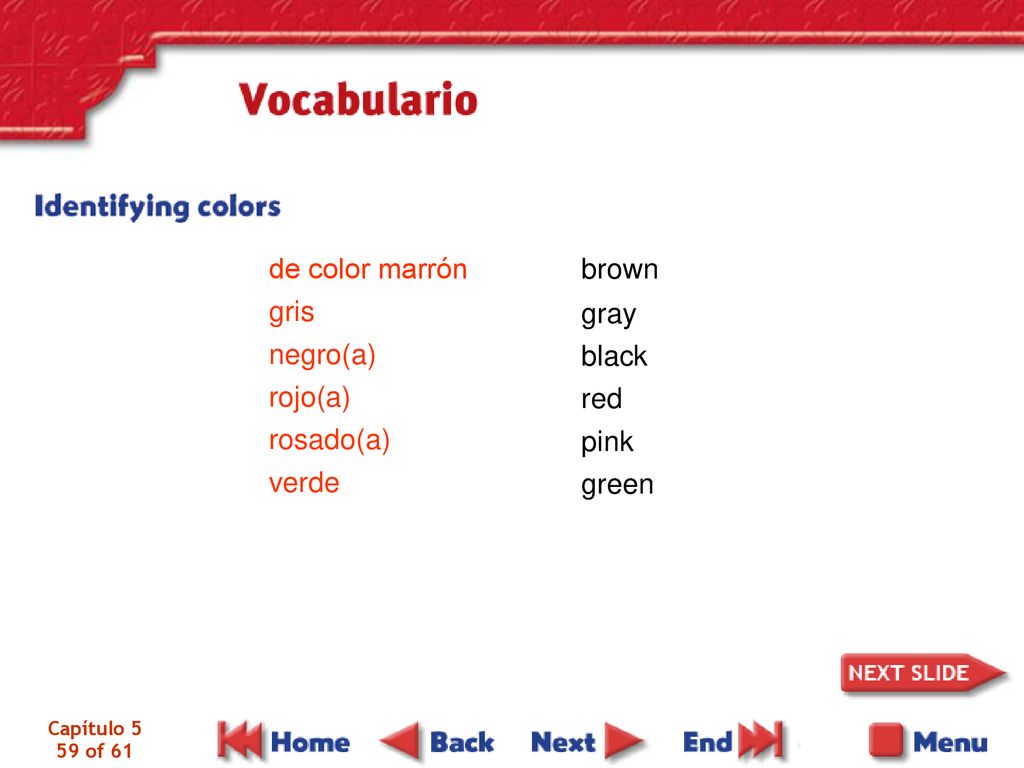 de color marrón brown gris negro(a) gray rojo(a) rosado(a) black verde