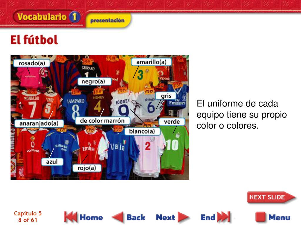 El uniforme de cada equipo tiene su propio color o colores.