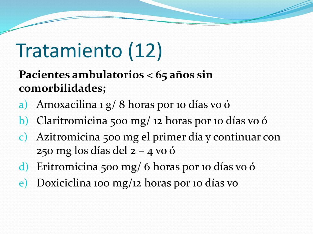Tratamiento (12) Pacientes ambulatorios < 65 años sin comorbilidades; Amoxacilina 1 g/ 8 horas por 10 días vo ó.