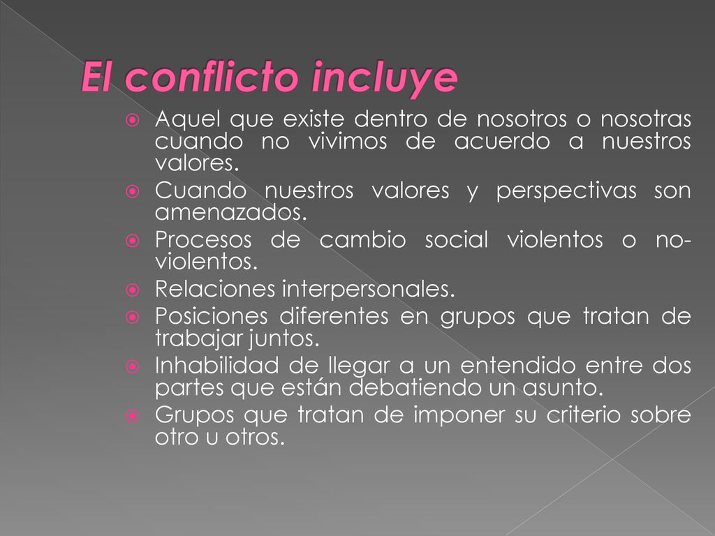 El conflicto incluye Aquel que existe dentro de nosotros o nosotras cuando no vivimos de acuerdo a nuestros valores.