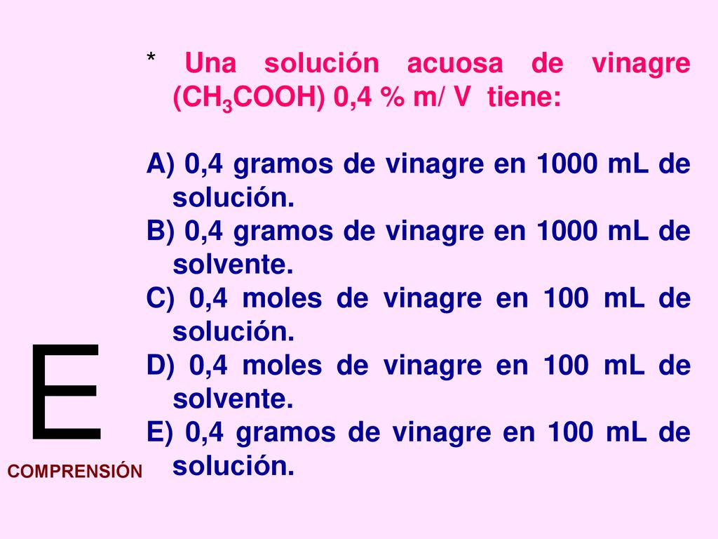E * Una solución acuosa de vinagre (CH3COOH) 0,4 % m/ V tiene: