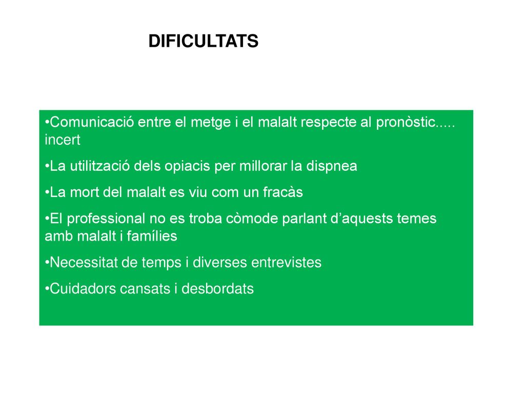 DIFICULTATS Comunicació entre el metge i el malalt respecte al pronòstic..... incert. La utilització dels opiacis per millorar la dispnea.