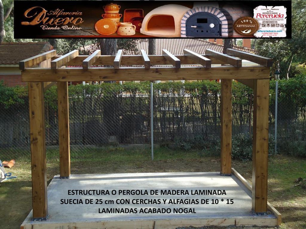 ESTRUCTURA O PERGOLA DE MADERA LAMINADA SUECIA DE 25 cm CON CERCHAS Y ALFAGIAS DE 10 * 15 LAMINADAS ACABADO NOGAL