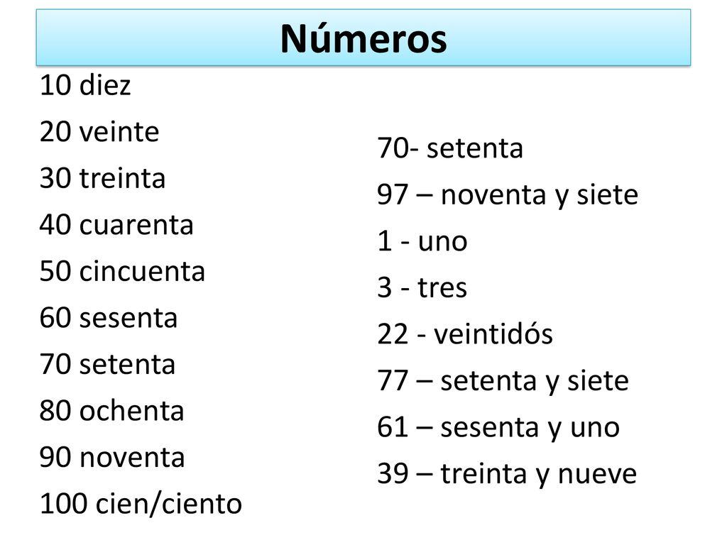 Números 10 diez 20 veinte 30 treinta 40 cuarenta 50 cincuenta 60 sesenta 70 setenta 80 ochenta 90 noventa 100 cien/ciento