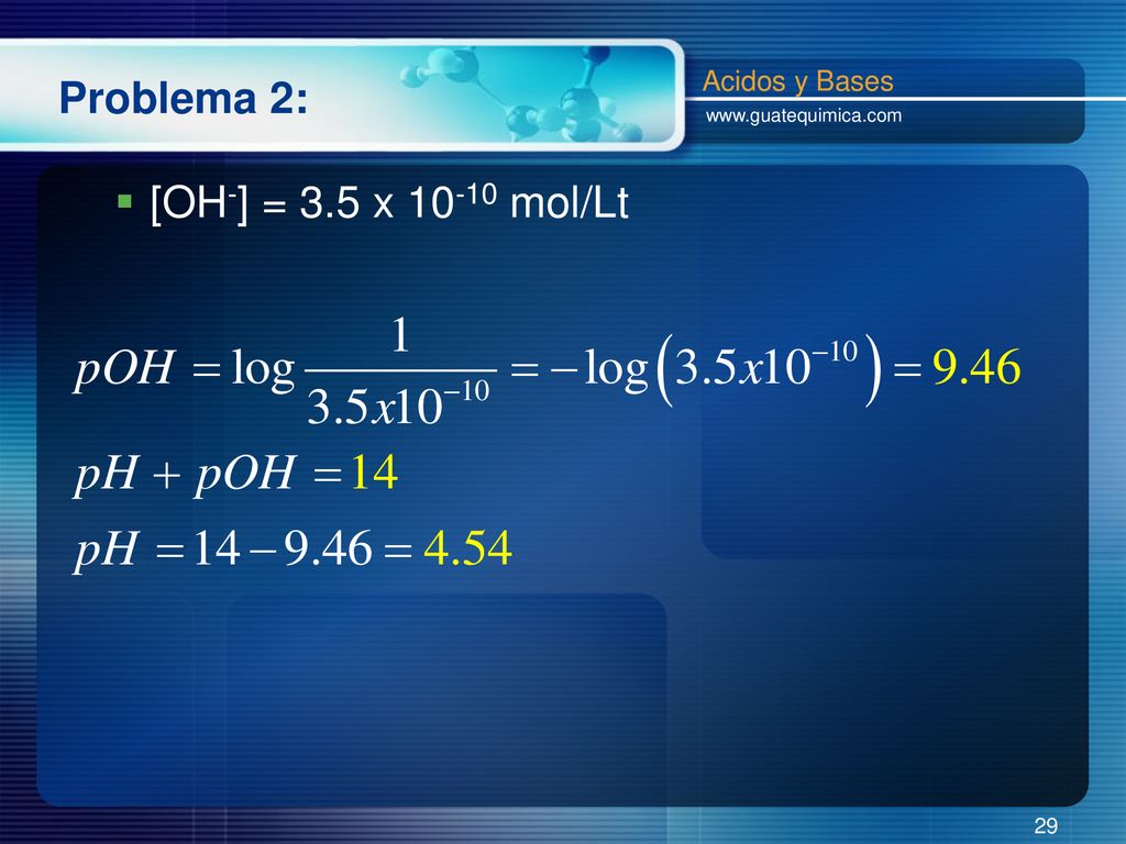 Problema 2: [OH-] = 3.5 x mol/Lt Acidos y Bases